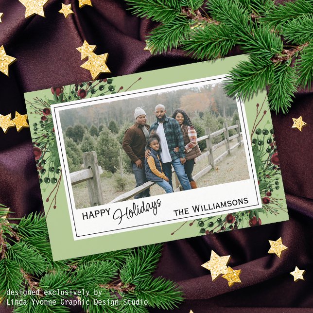 Red Berries Green Holly Cute Botanical Foliage Holiday Card (Creator Uploaded)