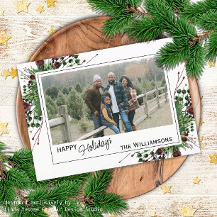 Red Berries Green Holly Cute Botanical Foliage Holiday Card