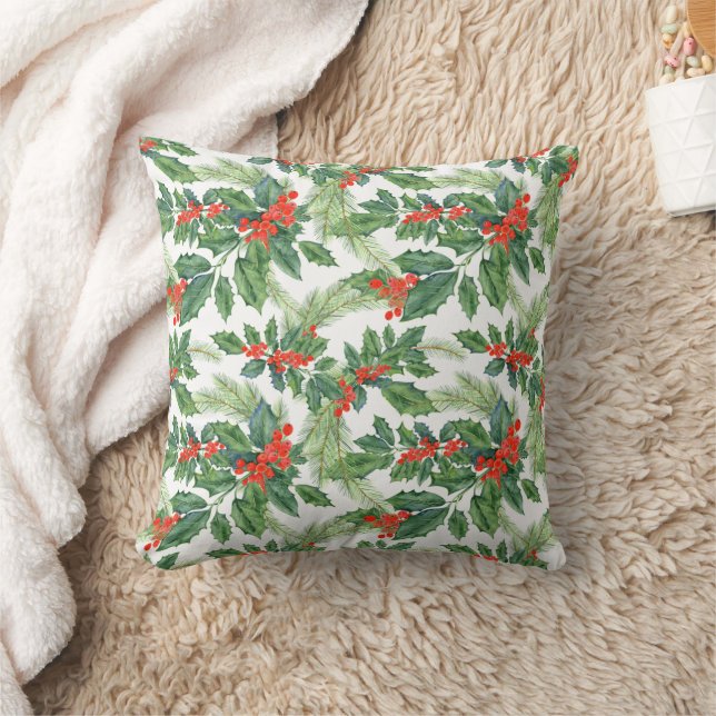 Red Berries Green Holly Floral Christmas Holiday  Cushion (Blanket)