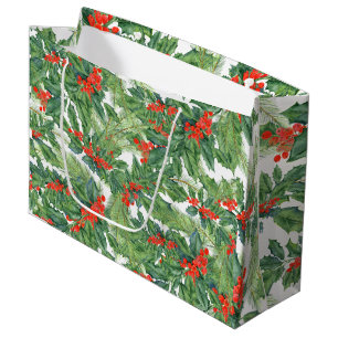 Red Berries Green Holly Floral Christmas Holiday  Large Gift Bag