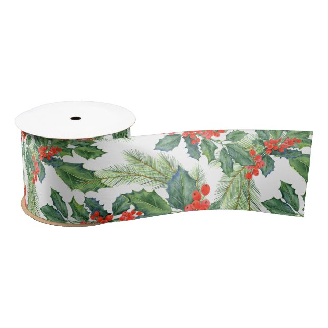 Red Berries Green Holly Floral Christmas Holiday  Satin Ribbon (Spool)