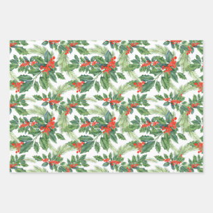 Red Berries Green Holly Floral Christmas Holiday  Wrapping Paper Sheet
