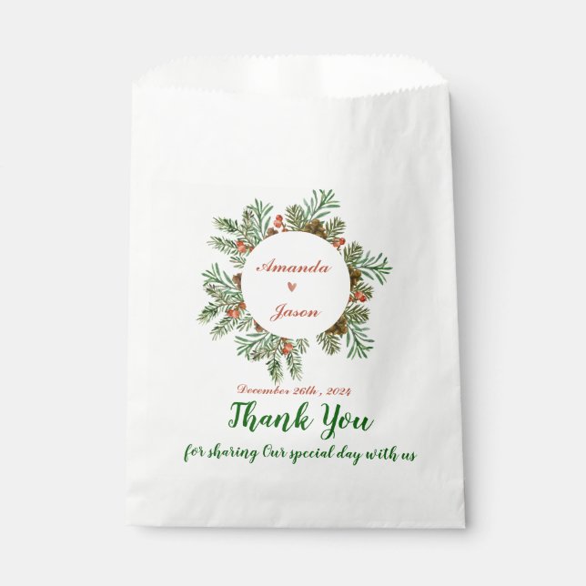 Red Berries Green Leaves Christmas Wedding Party Favour Bags (Front)