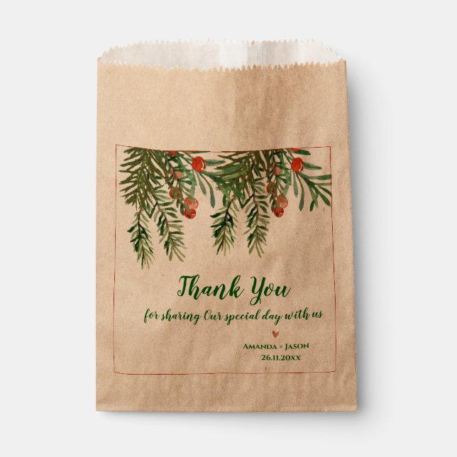 Red Berries Green Leaves Christmas Wedding Party Favour Bags (Front)