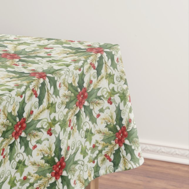 Red Berries Green Leaves Holly Holiday Christmas Tablecloth (In Situ)