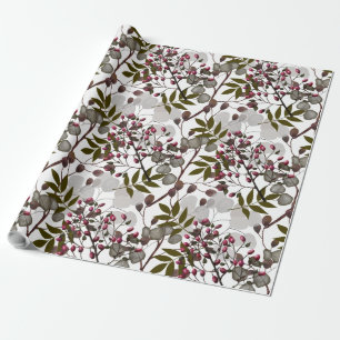 Red Berries Green Leaves White Coin Flowers  Wrapping Paper