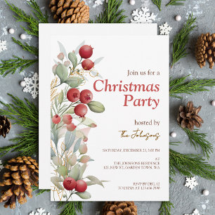 Red Berries Greenery Botanical Christmas Party Invitation