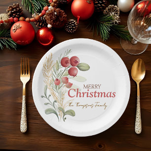 Red Berries Greenery Botanical Christmas Party Paper Plate