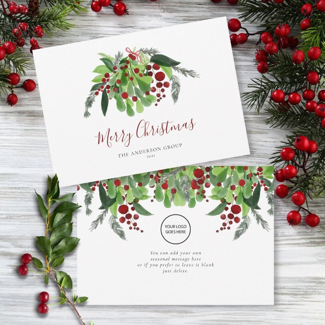Red Berries Greenery Business Logo Christmas Holiday Card (Red Berries Greenery Business Logo Christmas Holiday Card)