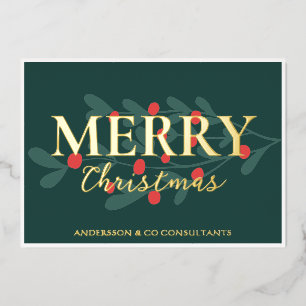 Red Berries Greenery Business Logo Merry Christmas Foil Holiday Card