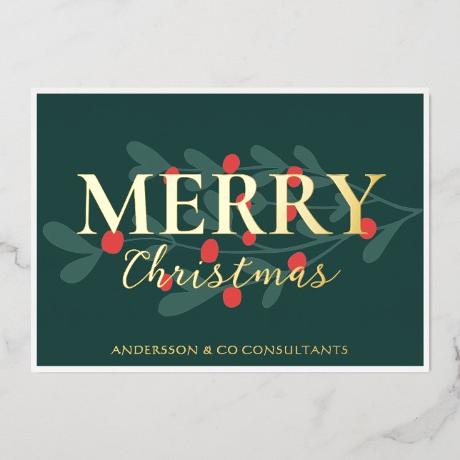 Red Berries Greenery Business Logo Merry Christmas Foil Holiday Card (Front)