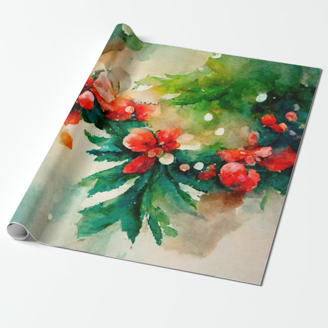 Red Berries Greenery Christmas Floral Watercolor Wrapping Paper (Unrolled)