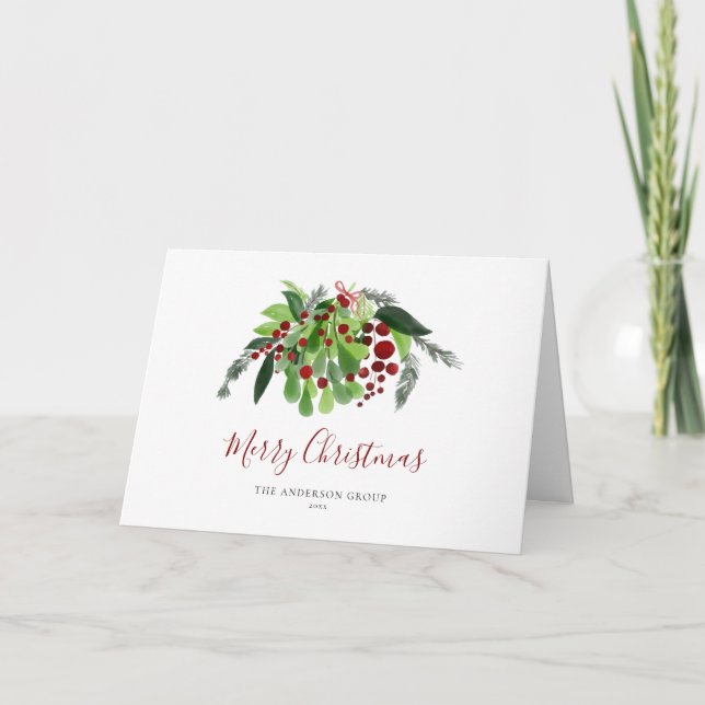 Red Berries Greenery Corporate Logo Christmas Holiday Card (Front)