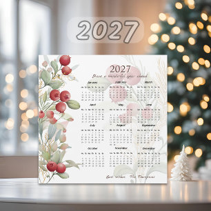 Red Berries Greenery Elegant 2027 Calendar Card