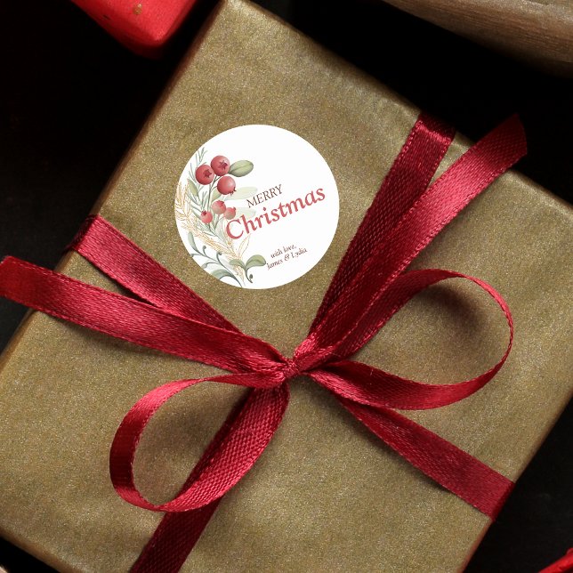 Red Berries Greenery Elegant Christmas Classic Round Sticker (Creator Uploaded)