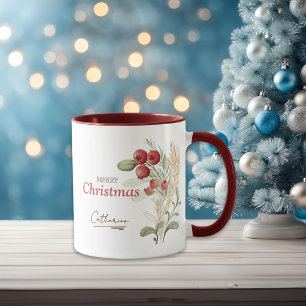 Red Berries Greenery Elegant Name Christmas Mug