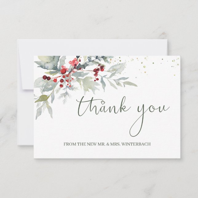 Red Berries Greenery Foliage Wedding Thank You (Front)