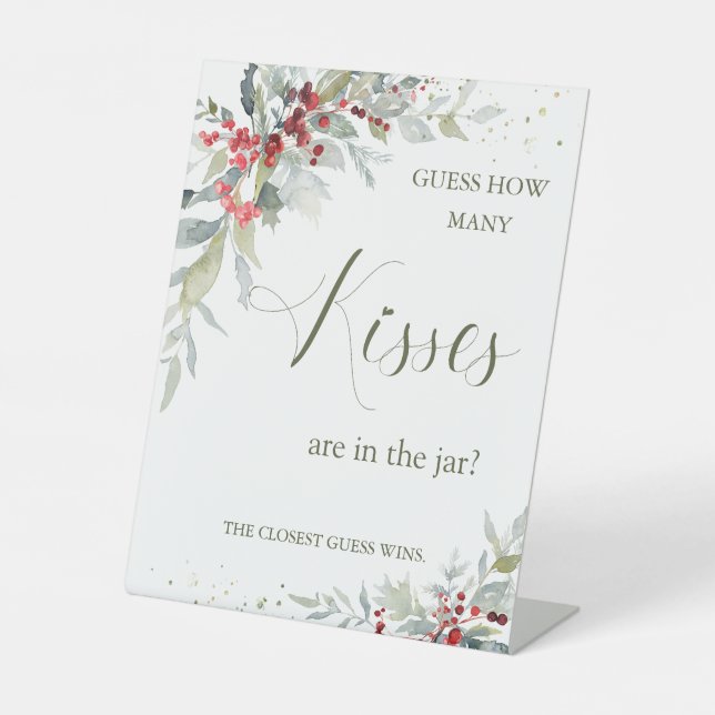 Red Berries Greenery Guess How Many Kisses in Jar Pedestal Sign (Front)