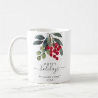 Red Berries Greenery Happy Holidays Custom Mug