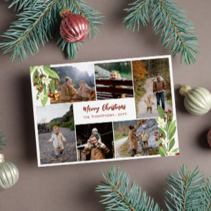Red Berries Greenery Photo Collage Merry Christmas Holiday Card