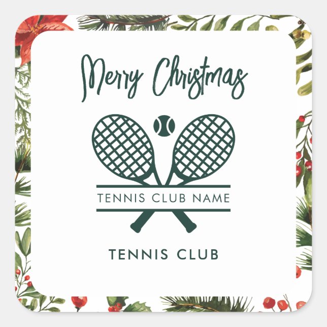 Red Berries Greenery Tennis Club Christmas Holiday Square Sticker (Front)