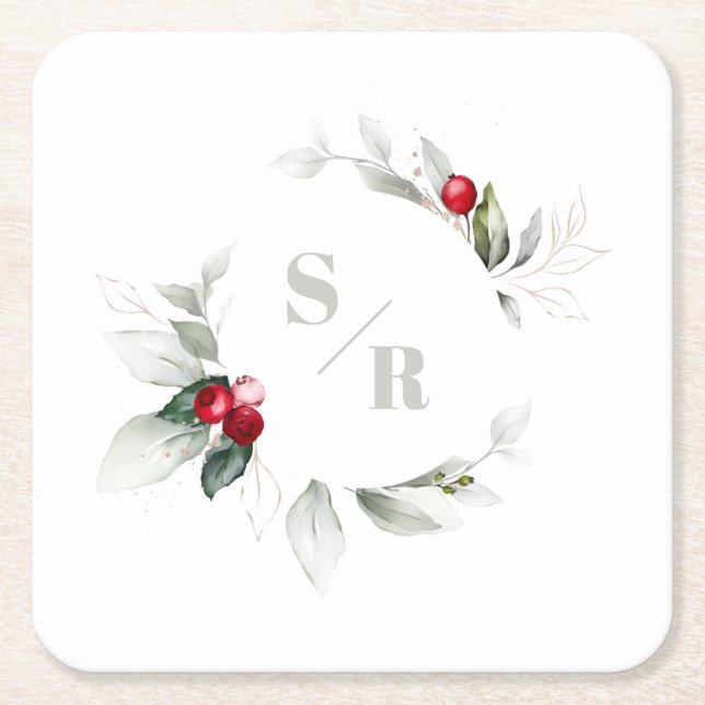 Red Berries Holiday Cheer His & Her Monogram Square Paper Coaster (Front)
