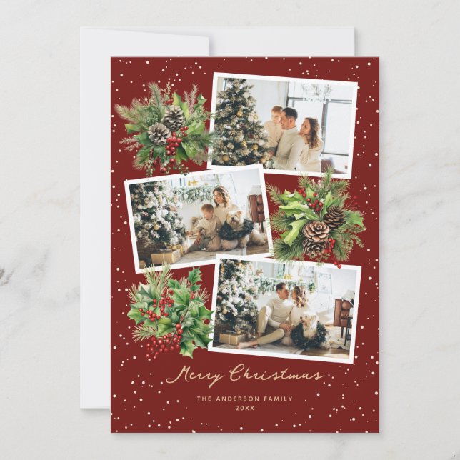 Red Berries Holly Pine Cones Photo Christmas Card (Front)