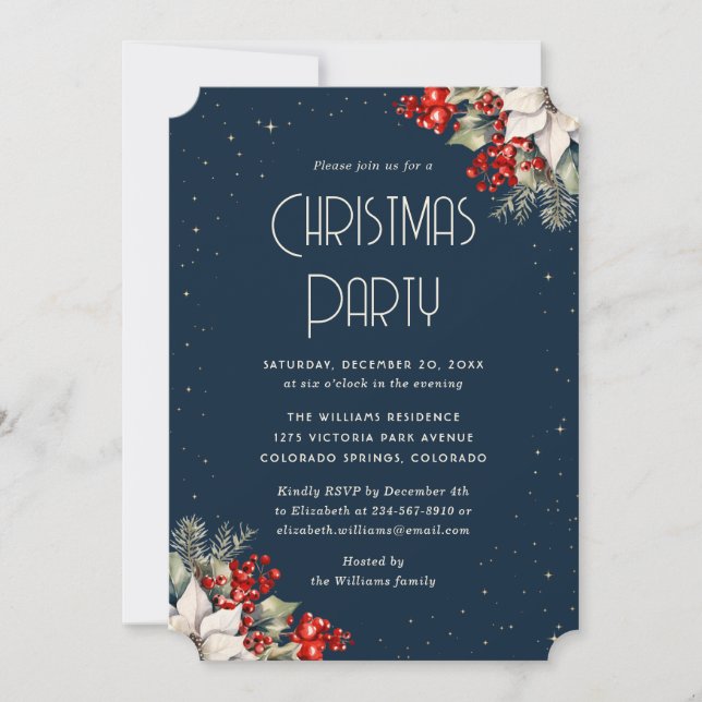 Red Berries Holly Poinsettia Blue Christmas Party Invitation (Front)