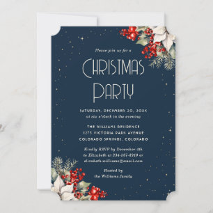 Red Berries Holly Poinsettia Blue Christmas Party Invitation