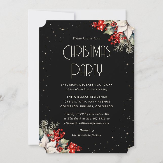 Red Berries Holly Poinsettia Stars Christmas Party Invitation (Front)
