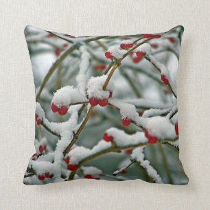 Red Berries in Winter Snow Cushion