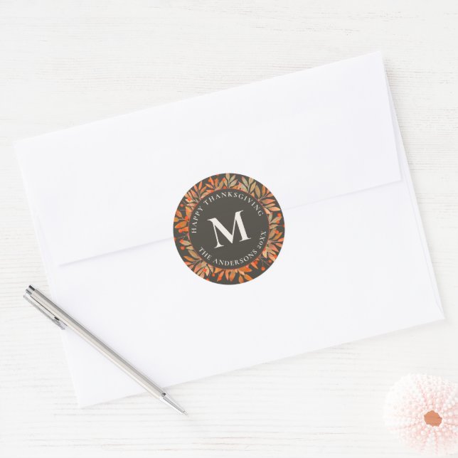 Red Berries & Leaves Monogram Brown Classic Round Sticker (Envelope)