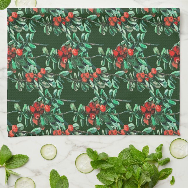 Red berries, lingonberries kitchen towel (Folded)
