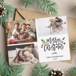 Red Berries Merry Christmas 3 Photo Collage Holiday Card