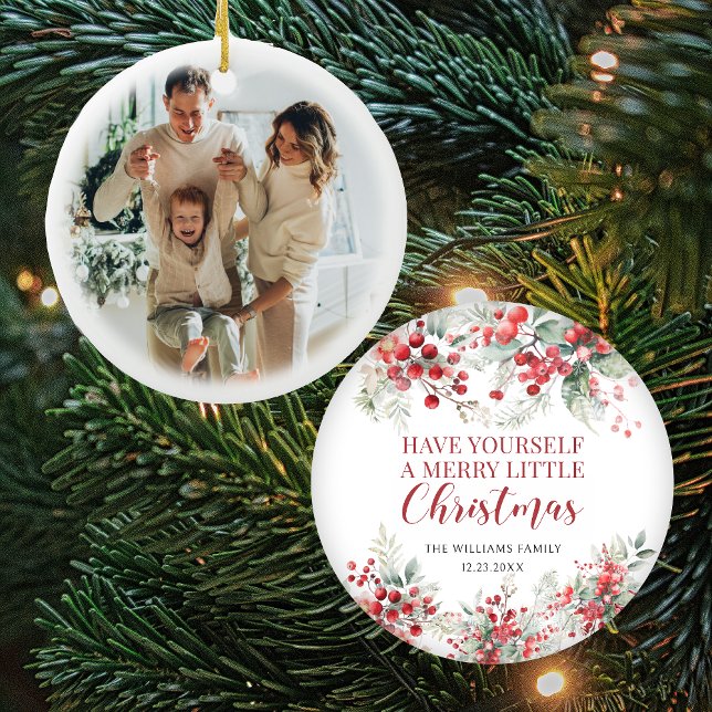 Red berries merry Christmas family photo Ornament (Creator Uploaded)