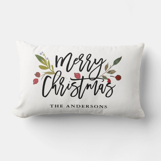 Red Berries Merry Christmas | Holiday Lumbar Cushion (Front)