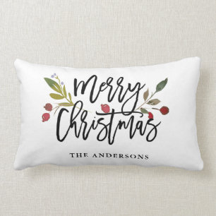 Red Berries Merry Christmas Holiday Lumbar Cushion