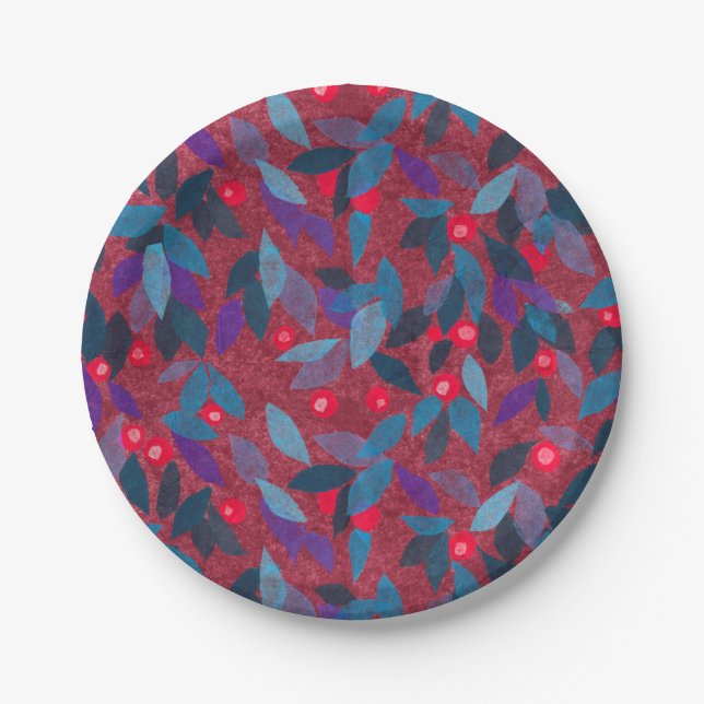 Red Berries Minimal Floral Pattern Simple Botany Paper Plate (Front)