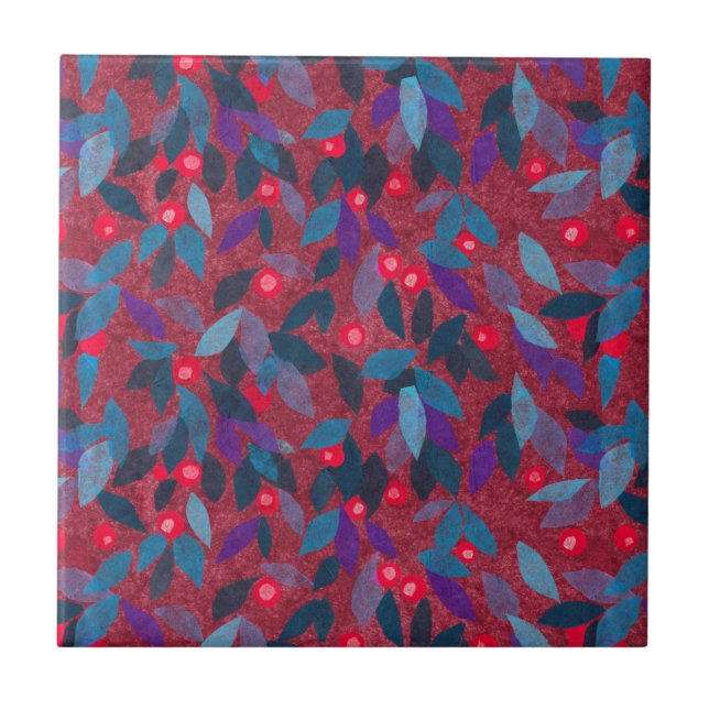 Red Berries Minimal Floral Pattern Simple Botany Tile (Front)