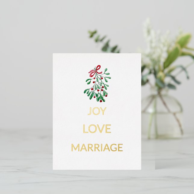 Red Berries Mistletoe Joy Love Marriage Foil Holiday Postcard (Standing Front)