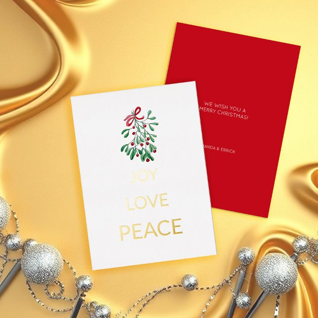 Red Berries Mistletoe Joy Love Peace Foil Holiday Card (Creator Uploaded)