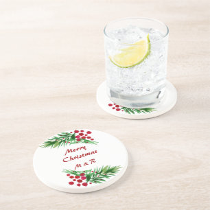 Red Berries On A Green Pine Branches Coaster