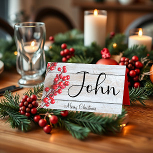 Red berries on rustic wood Christmas Place Card