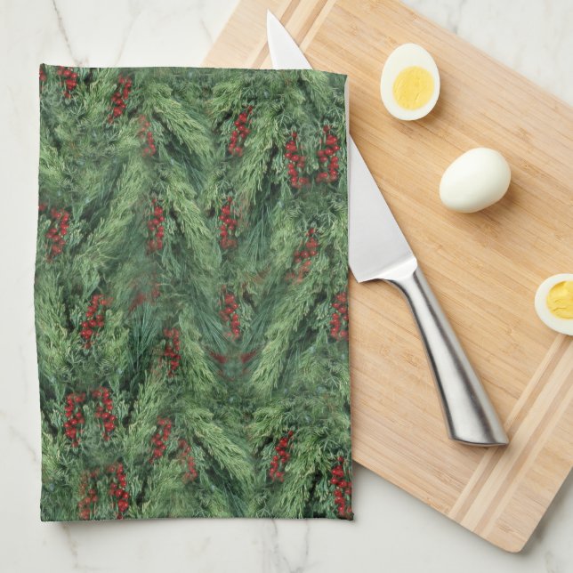 Red Berries on Tree Christmas Tea Towel (Quarter Fold)