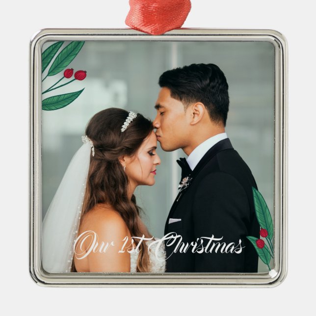 Red Berries - Our First Christmas - Wedding Photo Metal Tree Decoration (Front)
