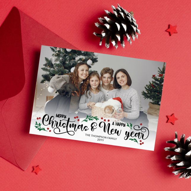 Red Berries Photo Merry Christmas Happy New Year Holiday Card (Creator Uploaded)
