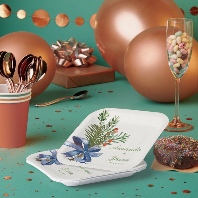 Red Berries Pine Cone Christmas Wedding Party Paper Plate (Multi)