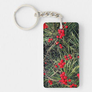 Red Berries Pine Needles Christmas Key Ring