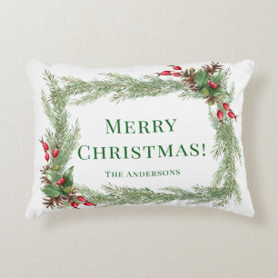 Red Berries Pine Needles Merry Christmas  Decorative Cushion
