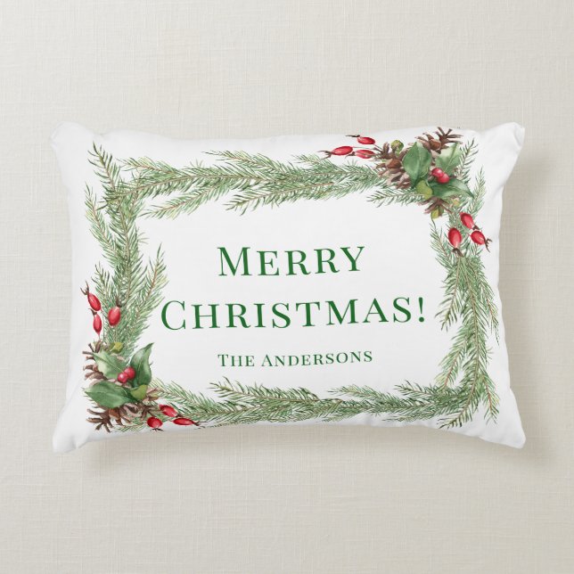 Red Berries Pine Needles Merry Christmas  Decorative Cushion (Front)